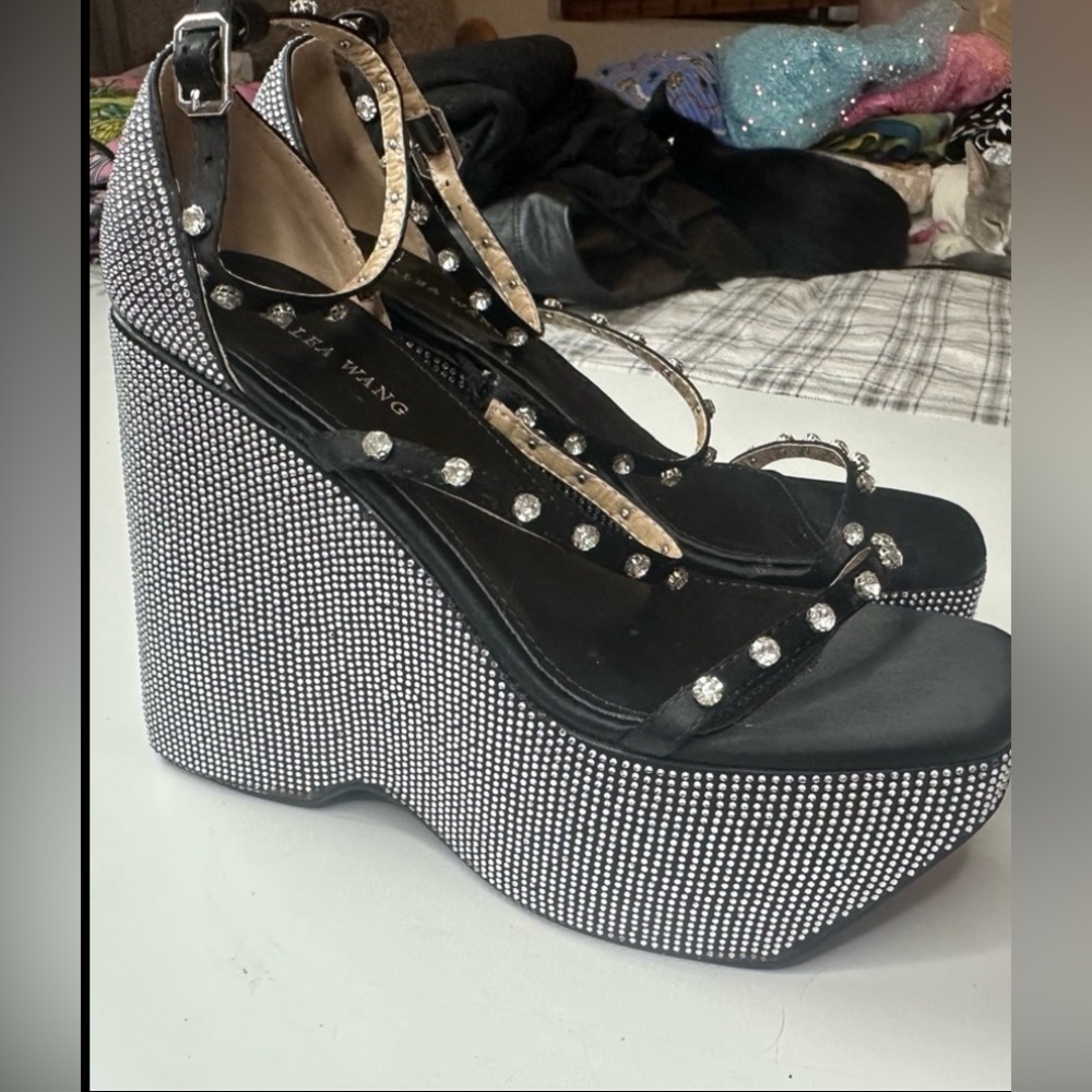 AZALEA WANG X Dolls Kill Black Lizzy Rhinestones Platform Wedge Heels NWOT 7.5